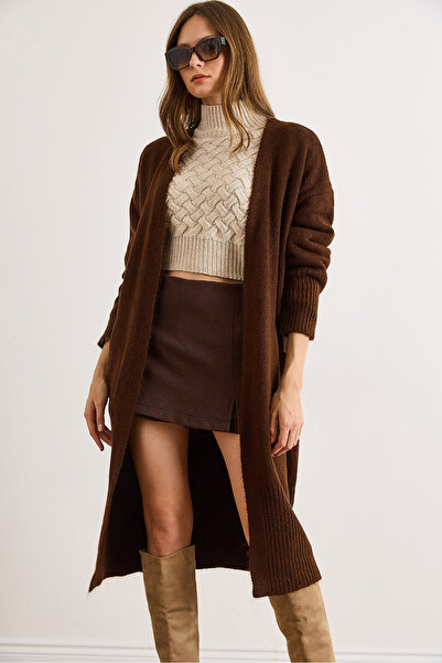 Olalook Women's Brown Pocketed Soft Textured Midi Knit Cardigan Hrk-19000438