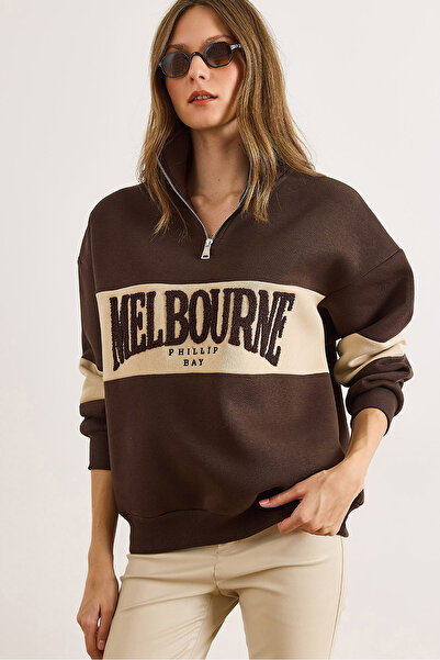 Olalook Kadın Kahverengi Dik Yaka Fermuarlı Renk Detaylı Şardonlu Sweatshirt SWT-19000769