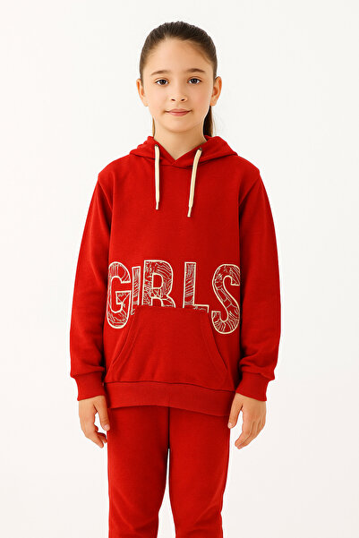 Yalçınoğlu Kids Girl's Hooded Tracksuit Set (Sweatshirt + Bottom) I Lettered Tracksuit Set Flexible Seasonal