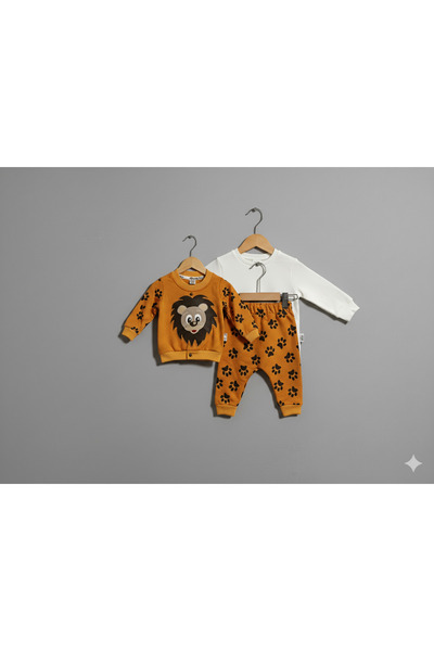 Selvira Lion Patterned 2-Piece Baby Set (Jacket + Sweatshirt + Pants) – Musta...