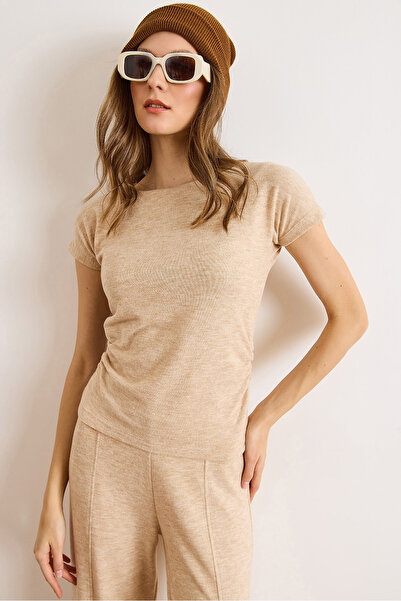 Olalook Γυναικεία μπλούζα μπεζ Yanı λεπτομέρεια με σούρες Selanik Yumoş BLZ-19003151