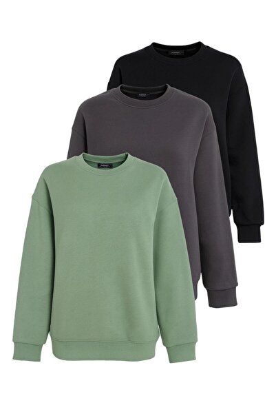 Madmext Mint Green/Smoked/Black Crew Neck Basic 3-Pack Sweatshirt Mg2595