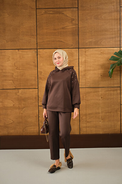 LOCCO Kadın Omuz Taş Detay Kapüşonlu Takım Kahverengi