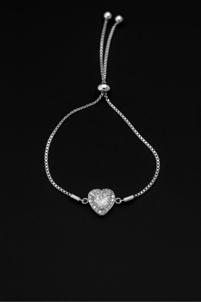 The Collection Gümüş Zirkon Taşlı Kalp Charm Model Kadın Kolye ve Bileklik Seti