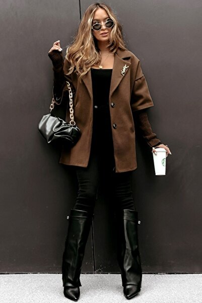 FashionForYou Κομψό Γυναικείο Oversized Παλτό, με Πέτα και Πλεκτά Μανίκια, Καφέ, Μέγεθος S/M/L