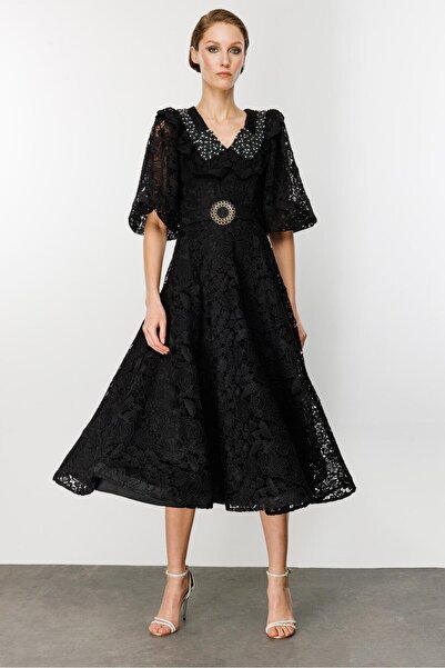 Nefeli İnci Yaka Dantel Elbise SİYAH-SİYAH
