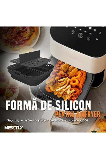 NEXTLY Silicone AirFryer & Oven Baking Tray, Reusable, Detachable Divider, Foldable, Non-Stick, Black