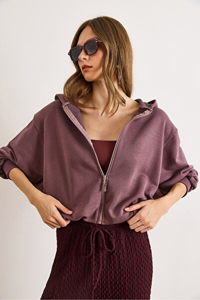 Olalook Kadın Mürdüm Sırtı Baskılı Gizli Cepli Trend Şardonsuz Kalın Sweatshirt SWT-19000770