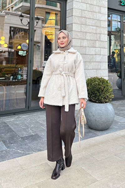 LOCCO Kadın Çıtçıt Detay Bel Bağlamalı Kaban Bej