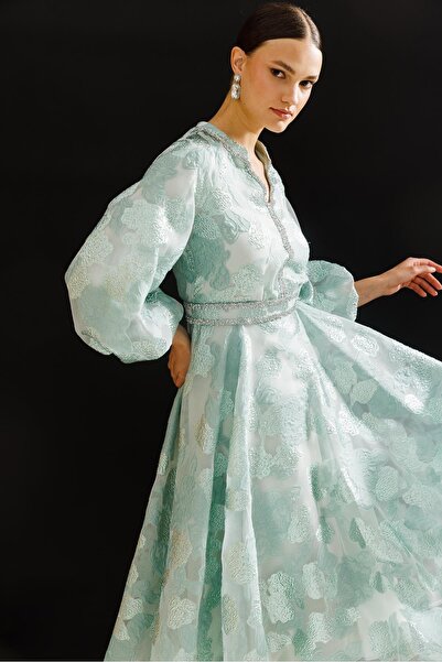 Nefeli Balon Kol Varaklı Elbise YEŞİL