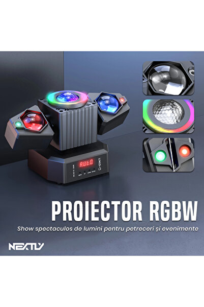 NEXTLY Professional LED RGBW Rotating Projector - 3 Heads, Laser, DMX Control, Black