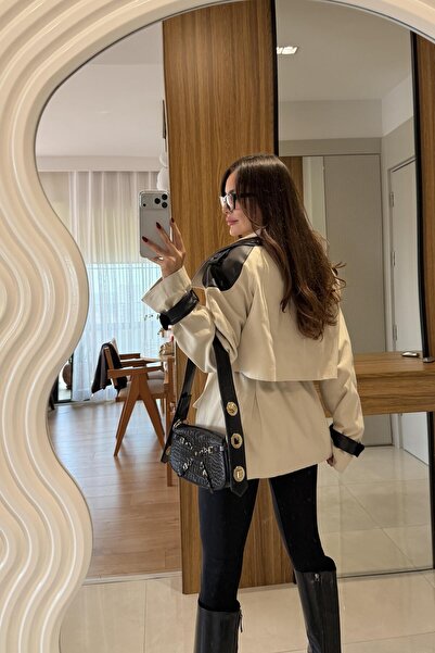 Gizem Ecemiş Olivka Deri Detaylı Gabardin Trenç