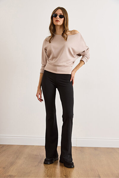 Olalook Women's Black Flared Size L Stretch Fabric Pants Pnt-19000375