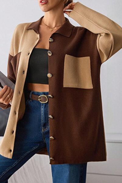 Cemre Life Women's Brown Beige Color Block Buttoned Knitwear Cardigan
