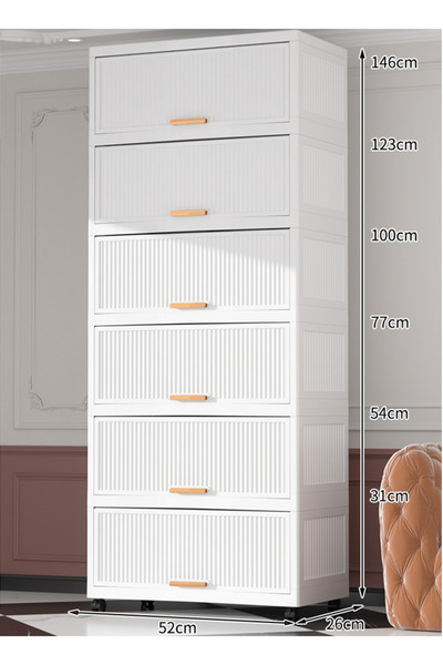 Generic 6-Tier Plastic Storage Cabinet with Handles, Solid Panel Magnetic Flip Doors & Wheels, 52cm Wide