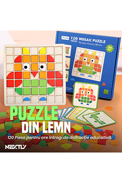 NEXTLY Wooden Mosaic Puzzle for Kids, 120 Pieces, Multicolor, 3+ Years, 22.5x22.5cm, Creative Play