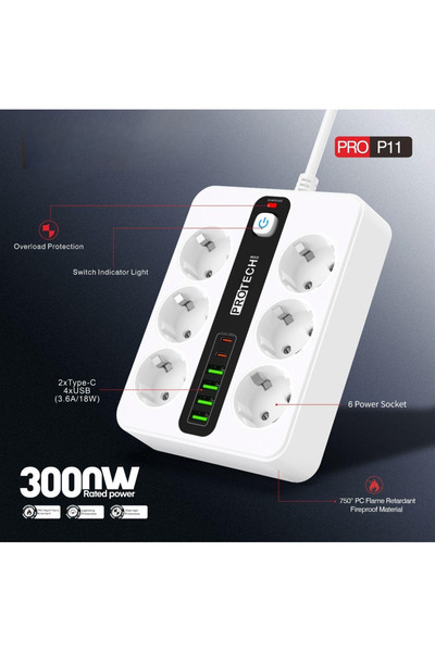 ROSE TEKNOLOJİ 6 PRİZ 4 USB 2 TYPE-C GİRİŞLİ AKIM KORUMALI VE ÇOCUK KİLİTLİ 2...