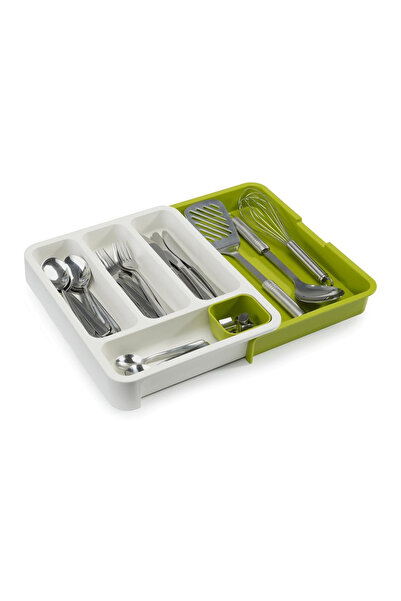 NEXTLY Adjustable Cutlery Tray Organizer, 6 Compartments, 29-48cm, ABS, White-Green