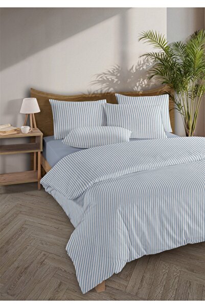 Monolisse طقم غطاء لحاف مخطط 100% قطن رانفورس ييزرا أزرق مصبوغ بخيوط مزدوجة - 200 × 220 سم