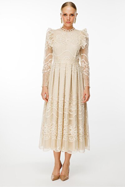 Nefeli Şeritli Kollu Dantel Elbise BEJ