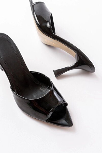 No8 Home 716 Black Patent Leather Pointed Toe Heeled Women's Slippers