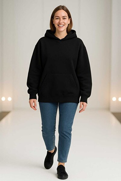 LiyAdaCo Φούτερ Unisex Μαύρο Απλό oversized 3 Thread K με κουκούλα - Φούτερ μ...