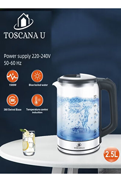 TOSCANA U 2.5L 1500W Glass Glow Electric Kettle with Ocean Blue Light