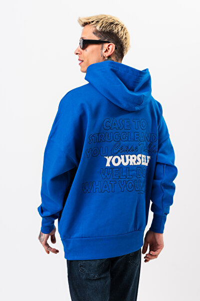 Denim Republic Men's Blue Oversized Sweatshirt with Writing Hooded