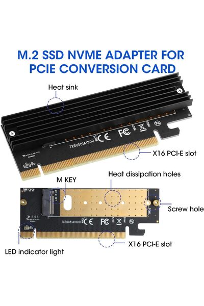 KASTWAVE M.2 NVMe SSD Adapter to PCIe with Aluminum Heatsink & Thermal Pad — PCIe 3.0 x4/x8/x16, Up to 8GB/