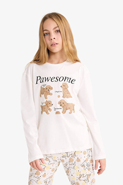 DeFacto F6230A8Bg759 Beige Girls Pajamas Set Printed Long Sleeve Top Long Bottom