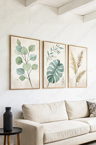 Wallspresso Bohem Yapraklar Minimalist 3'lü Tablo - Ahşap Çerçeveli Tablo -Du...