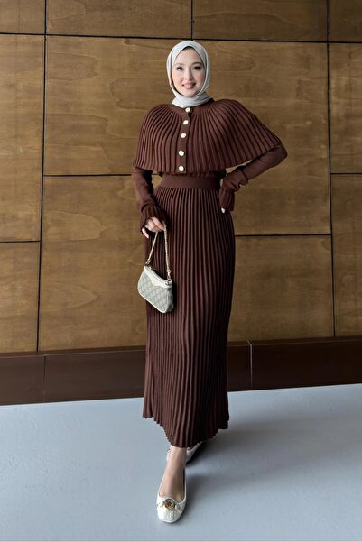 FERHEL Kadın Pliseli Triko Panço Elbise Takım