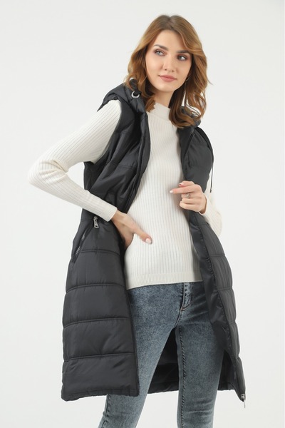 comstar Women's Long Winter Hooded Black Quilted Puffer Vest