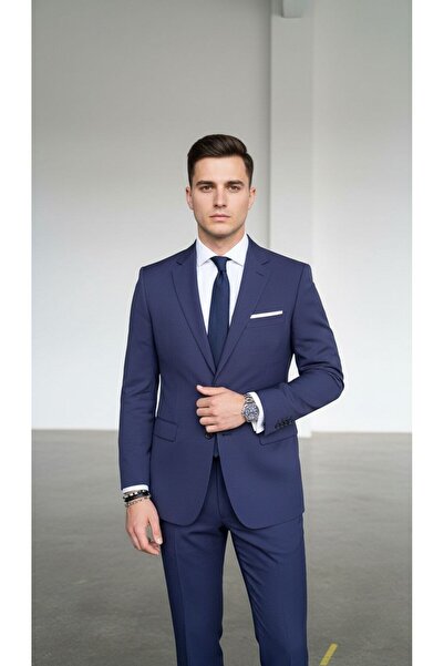 Plus Scorpion Men's Navy Blue One Button Slim Fit Piece Suit - Stylish Office and Formal Combination