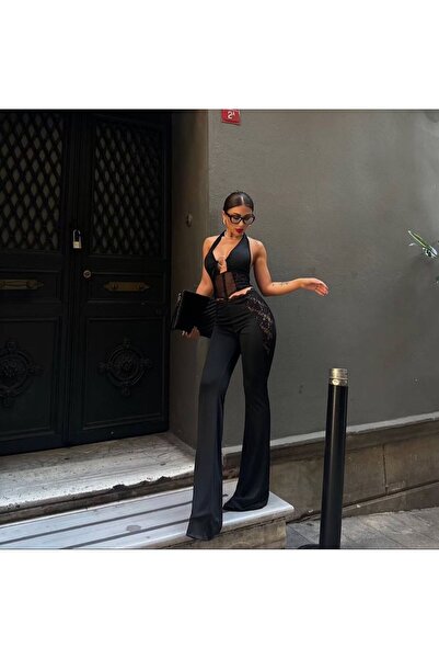WellWay Dalgıç Kumaş Dantel ve Su Yolu Detay Pantolon-Crop İkili Takım Sİyah