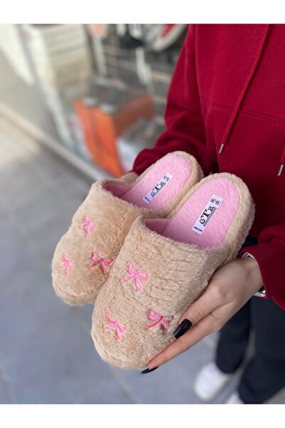 Mejit Women's Ribbon Patterned Plush Slippers Dowry and Bundle Slippers Thick Sole