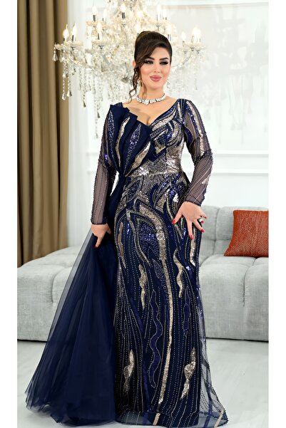 NHMODA Pul ve Boncuk İşlemeli Tül Kollu Drapeli Balık Kesim Abiye