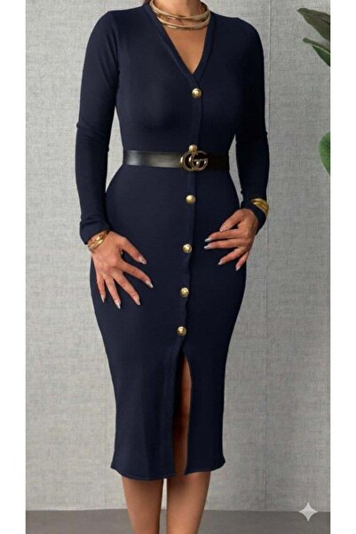 Aymood Γυναικείο μακρυμάνικο φόρεμα με λαιμόκοψη σε σχήμα V με κουμπιά μπροστά άνοιγμα Modal Midi χωρίς ζώνη