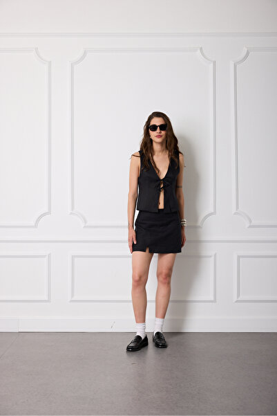 Beyyoglu %100 Keten Yırtmaçlı Mini Etek