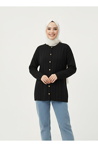 BENAHOLL Bemina Self-Striped Hollow Buttoned Knitwear Cardigan-Kr5004 Black