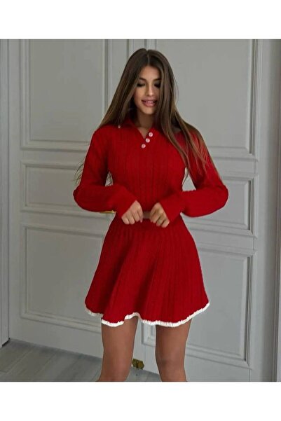 ANBLYs COLLECTION POLO YAKA ÖRME TRİKO NAKIŞ DESENLİ ETEKLİ ALT ÜST KADIN TAKIM