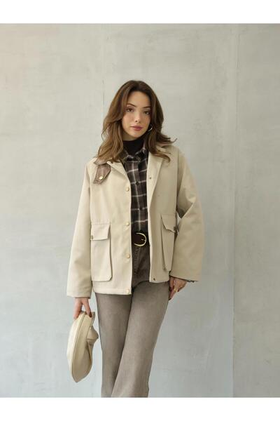 Coral Kadife Yakalı Cepli Mont 0213 Bej