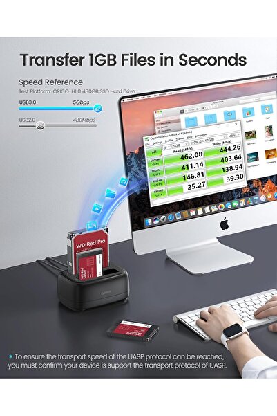 Orico قاعدة نسخ/استنساخ محركات الأقراص الصلبة الخارجية SATA إلى USB-C Dual Bay (تدعم محركات الأقراص الصلبة/SSD مقاس 2.5 بوصة/3.5 بوصة)
