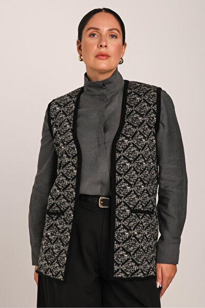 Uludağ Triko Kadın Siyah Baklava Desenli Cepli Triko Anne Yelek 30015