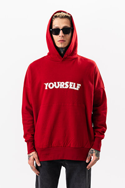 Denim Republic Men's Red Oversized Sweatshirt with Writing Hooded