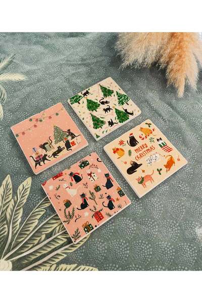 arslart حامل أكواب من الحجر الطبيعي بنقش القطط، تصميم لطيف لعيد الميلاد، هدية...