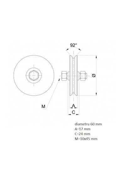 METALDESIGN Roată cu rulment tip V pentru porți culisante, RRV60, diametru 60 mm