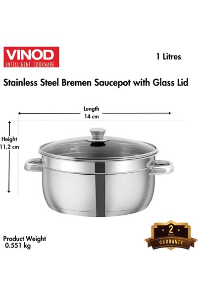 Vinod Bremen Stainless Steel Cooking Pot with Glass Lid, 14 cm, 1 L