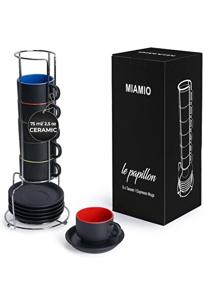MIAMIO 2.5oz Espresso Cups & Saucers 6-Piece Stackable Ceramic Set (Le Papillon, Multicolor)