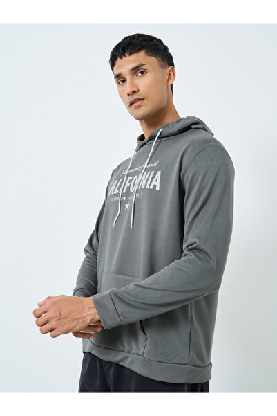 Take Two By Styli Men Grey Graphic Print Hoodie with Front Pocket